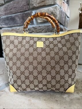 Gucci Beige GG Canvas Tote with Yellow Trim and Bamboo Top Handles